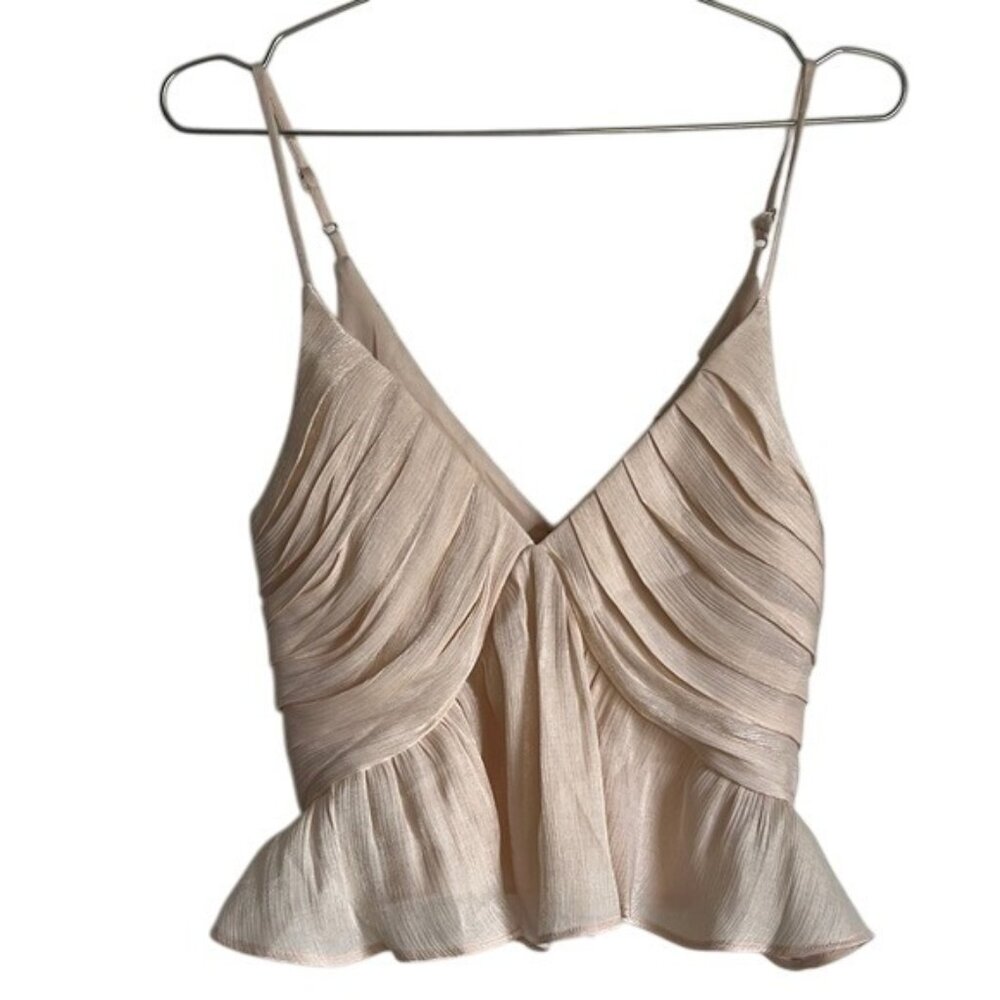 Beige Pleated V-Neck Spaghetti Strap Peplum Top
